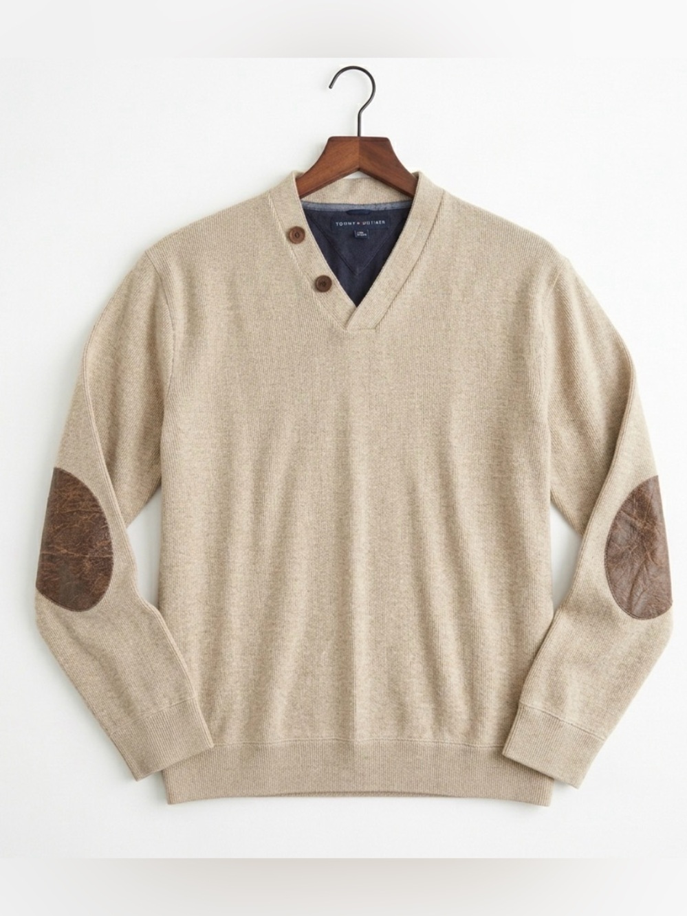 VINTAGE TOMMY HILFIGER SWEATER MENS HEAVY WEIGHT KNIT V-NECK ELBOW PATCHES XL